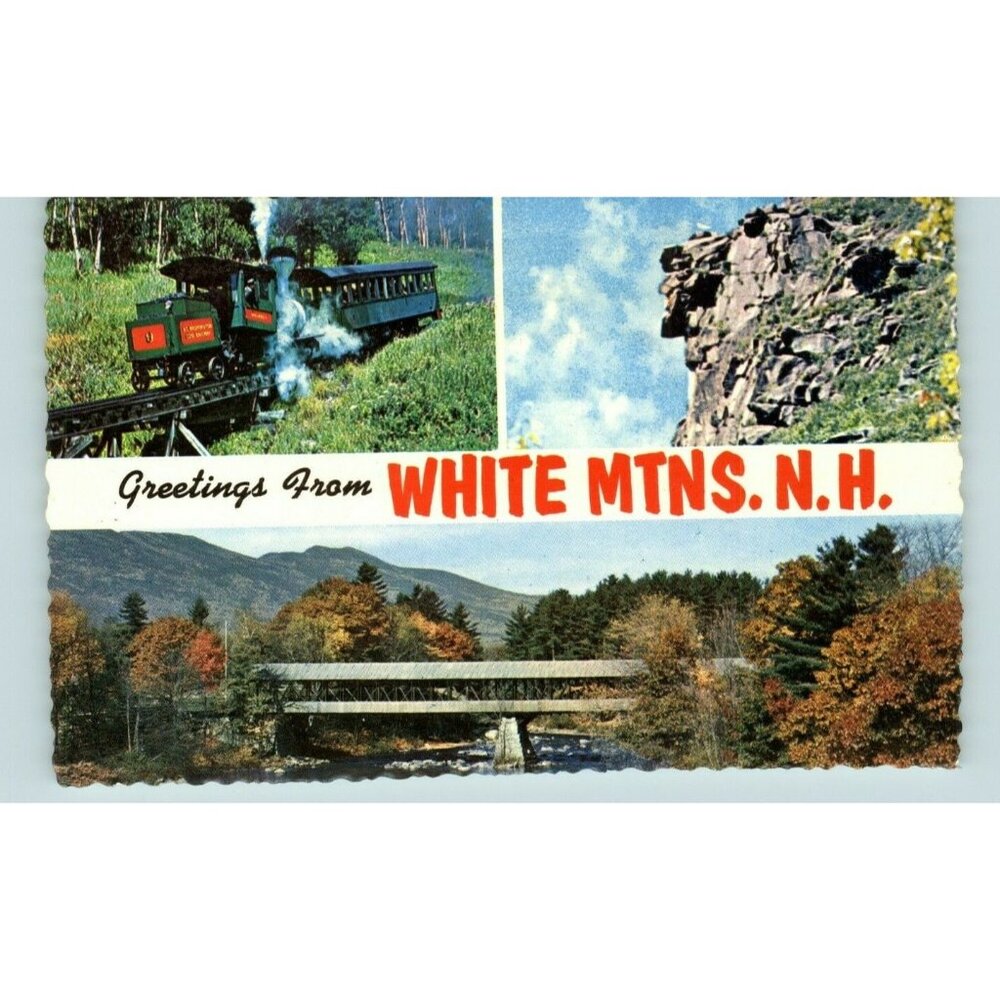 Postcard Greetings from White Mountains New Hampshire Forests old bridge train